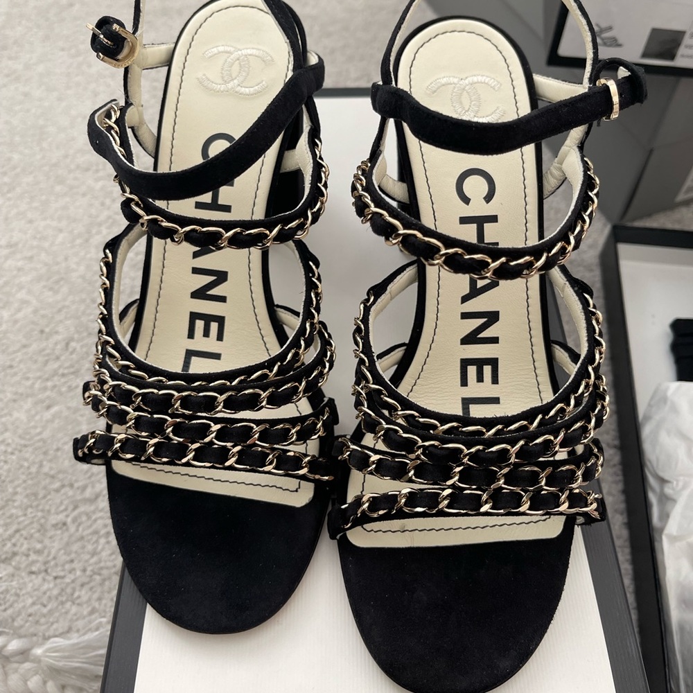 Chanel Black New Kid Suede 19P Strappy Chain Heels